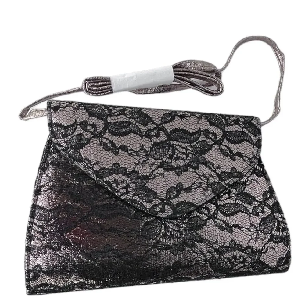 Neiman Marcus Black Lace Metallic Sheen‎ Evening Bag Clutch NWOT ~ 7” x 10”